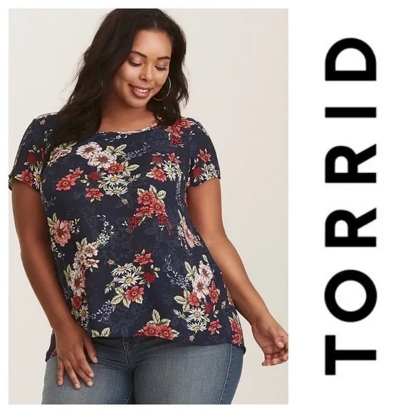 torrid Tops - Torrid Floral Print Georgette Keyhole Back Blue Sheer Chiffon Plus Size 3 3X